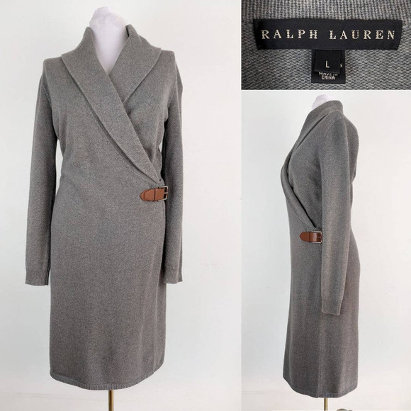 Ralph Lauren Dresses & Skirts - Ralph Lauren Black Label Sweater Dress Cashmere Leather Wrap Long Sleeve Gray L